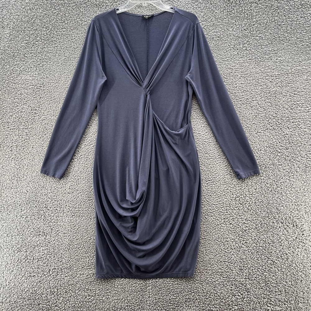 Ronen Chen Dress 8 Blue Knit Avant Garde Draped Ruched Midi Pocket Sheath
